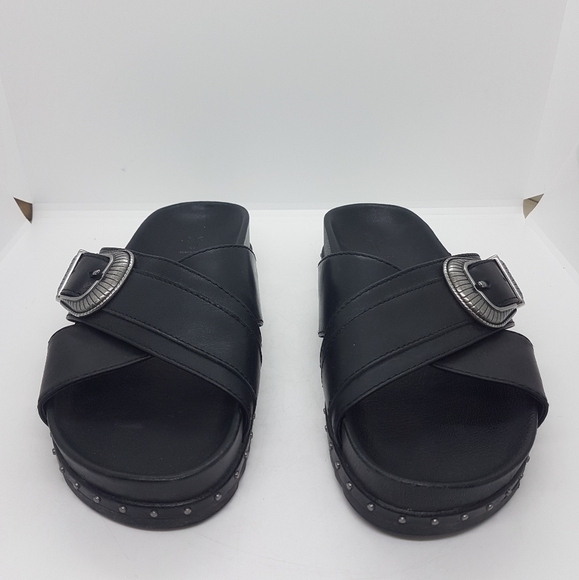 New Frye Lily Western Crisscross Slide Black Sandal Sz